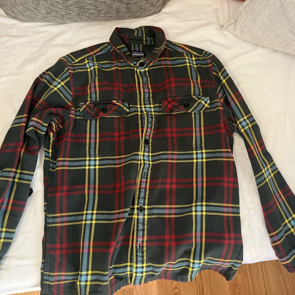 Patagonia Gray Plaid Shirt with Red and Yellow Stripes